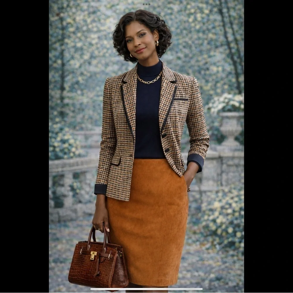True vintage suede—real leather with clean tailoring an earlier designer era.